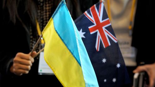 Australian and Ukraine flags at the award ceremony. 