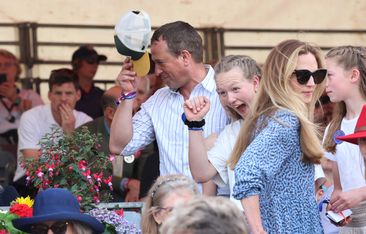 Queen Camilla, Peter Phillips, Isla Phillips and Savannah Phillips attend the final day of the Badminton Horse Trials