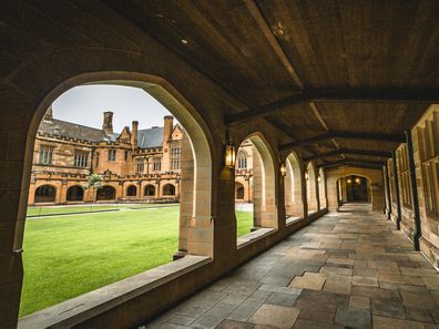 The views of the historic corridor inside of the University of Sydney Quadrangle