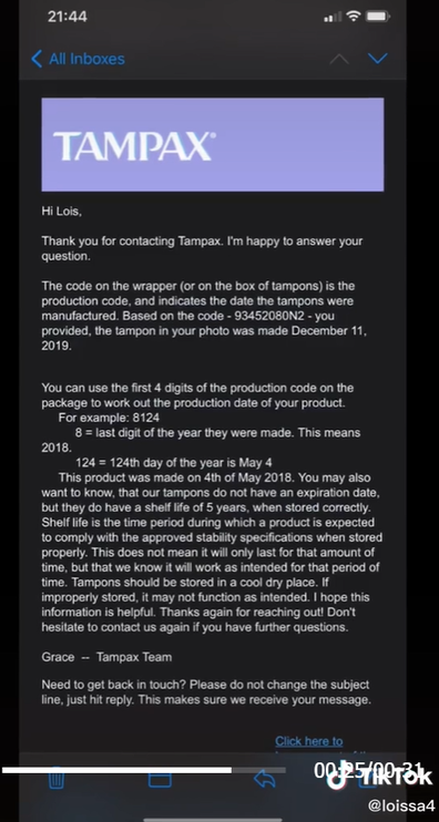 TikToker's email from Tampax explaining how to use ID code.