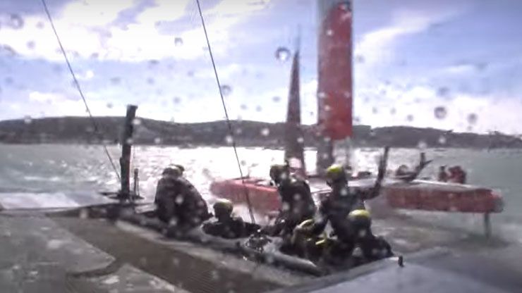 Australia&#x27;s Sail GP driver Tom Slingsby gestures angrily at Spain&#x27;s crew after a near miss in San Francisco. 
