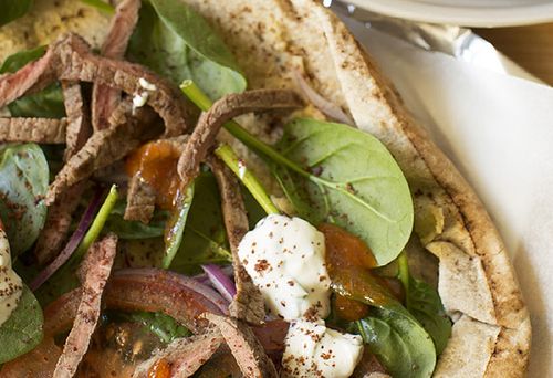 Beef doner kebabs with hummus and garlic mint yoghurt