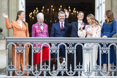 COPENHAGEN, DENMARK - MAY 26: (L-R)  Princess Isabella of Denmark, Queen Margrethe of Denmark, King Frederik X of Denmark, Prince Vincent of Denmark, Princess Josephine of Denmark, Queen Mary of Denmark and one of the Royal dogs appear on the balcony of Frederik VIII's Palace to celebrate the Kings's 57th birthday at Amalienborg Palace on May 26, 2025 in Copenhagen, Denmark.  (Photo by Martin Sylvest Andersen/Getty Images)