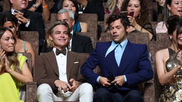 VENICE, ITALY - AUGUST 31: (L-R) Olivia Wilde, Chris Pine, Harry Styles and Gemma Chan attends the Campari Passion For Film 2022 Award during the 79th Venice International Film Festival on August 31, 2022 in Venice, Italy. (Photo by Vittorio Zunino Celotto/Getty Images)