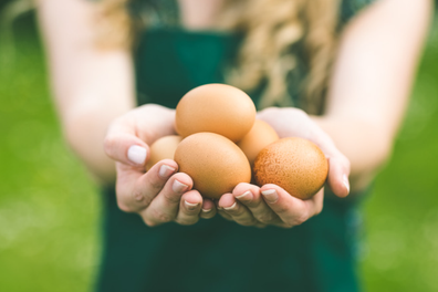 Woman holding bunch of eggs