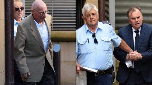 Roger Rogerson (left) and Glen McNamara being led into court. (AAP)