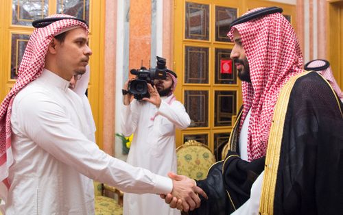 Saudi Crown Prince Mohammed bin Salman, right, meets Salah bin Jamal Khashoggi, son of the murdered Saudi journalist Jamal Khashoggi, in Riyadh, Saudi Arabia.