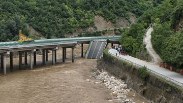 A collapsed bridge in Zhashui County in Shangluo City, northwest China&#x27;s Shaanxi Province