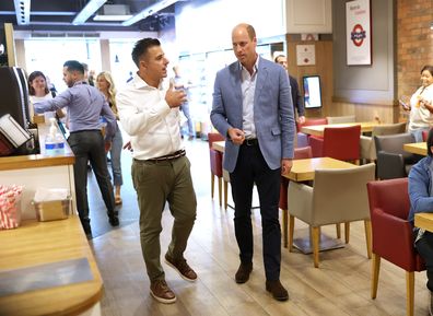 Prince William, Prince of Wales speaks to Pret CEO Pano Christou during a visit to Pret A Manger on September 07, 2023 in Bournemouth, England. 
