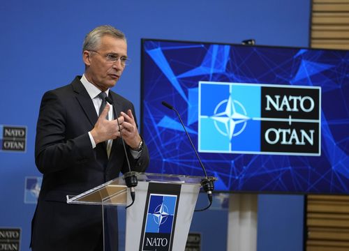NATO Secretary General Jens Stoltenberg speaks during a media conference at NATO headquarters in Brussels, Thursday, Feb 24, 2022