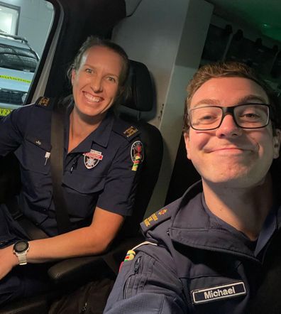 Jo Bridgen-Jones rides with a male colleague in an ambulance.