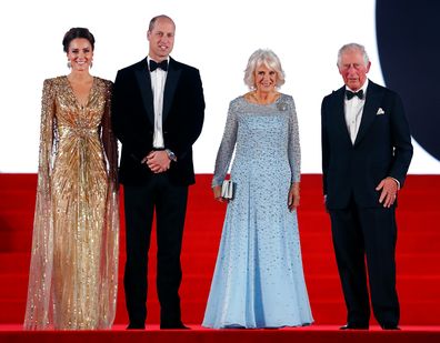 LONDON, UNITED KINGDOM - SEPTEMBER 28: (EMBARGOED FOR PUBLICATION IN UK NEWSPAPERS UNTIL 24 HOURS AFTER CREATE DATE AND TIME) Catherine, Duchess of Cambridge, Prince William, Duke of Cambridge, Camilla, Duchess of Cornwall and Prince Charles, Prince of Wales attend the "No Time To Die" World Premiere at the Royal Albert Hall on September 28, 2021 in London, England. (Photo by Max Mumby/Indigo/Getty Images)