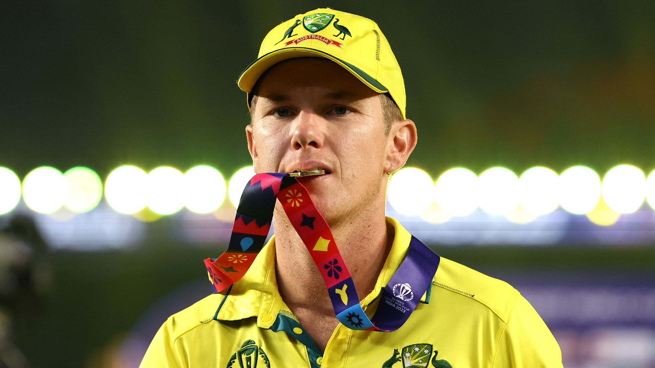 Adam Zampa of Australia celebrates with his winners medal following the ICC Men&#x27;s Cricket World Cup final between India and Australia.