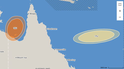 Two tropical lows are hovering near Queensland and could grow, based on this prediction for Sunday.