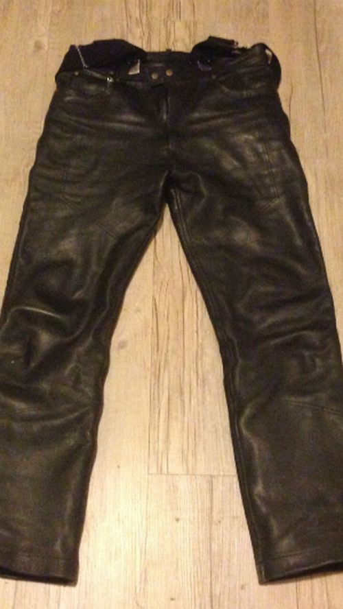 Reporter Simon Bouda's leather pants from the Black Dog Ride Around Australia.