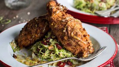 Recipe: <a href="http://kitchen.nine.com.au/2016/11/24/09/34/preztel-chicken-with-brussels-sprout-and-cranberry-salad" target="_top">Preztel chicken with Brussels sprout and cranberry salad</a>