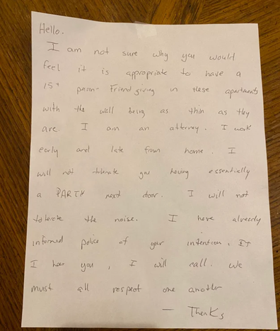 neighbour nasty note left on door ahead of friendsgiving reddit