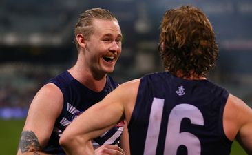 Cam McCarthy of the Dockers shares a moment with David Mundy after winning the round 20 AFL match between the Fremantle Dockers and the Gold Coast Suns at Domain Stadium on August 5, 2017 in Perth, Australia. (Photo by Paul Kane/Getty Images)