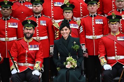 LONDON, ENGLAND - MARCH 17: Catherine, Princess of Wales in her role as Colonel, Irish Guards, poses for the official Sergeants' Mess photo during the 2025 Irish Guards' St. Patrick's Day Parade at Wellington Barracks on March 17, 2025 in London, England. Catherine, Princess of Wales attends the parade as Colonel of the Regiment. (Photo by  Eddie Mulholland - WPA Pool/Getty Images)