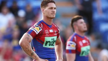Kalyn Ponga of the Knights looks dejected at full-time after losing to the Eels at McDonald Jones Stadium.