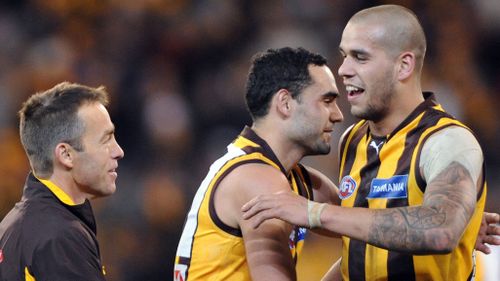 Hawthorn coach Alastair Clarkson celebrating with Shaun Burgoyne and Lance Franklin in happier times. (AAP)