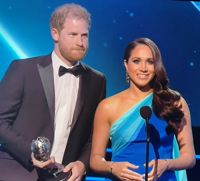 Prince Harry and Meghan Markle accept the President's Award at the 53rd NAACP Image Awards 2022.