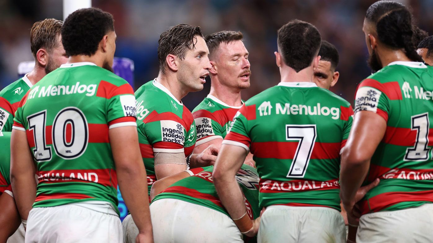 Cameron Murray addresses his Rabbitohs teammates during their round three loss to the Roosters.