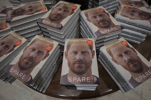 Copies of the new book by Prince Harry called "Spare" are displayed at a book store in London, Tuesday, Jan. 10, 2023.  