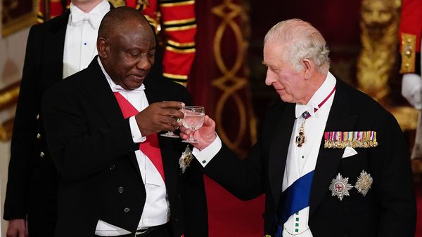 LONDON, ENGLAND - NOVEMBER 22: President Cyril Ramaphosa of South Africa (L) and King Charles III share a toast during the State Banquet at Buckingham Palace during the State Visit to the UK by President Cyril Ramaphosa of South Africa on November 22, 2022 in London, England. This is the first state visit hosted by the UK with King Charles III as monarch, and the first state visit here by a South African leader since 2010. 