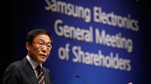 Kim Ki-nam, president and co-chief executive officer of Samsung Electronics Co.'s semiconductor division, speaks during the company's annual general meeting at a company's office building in Seoul, South Korea.