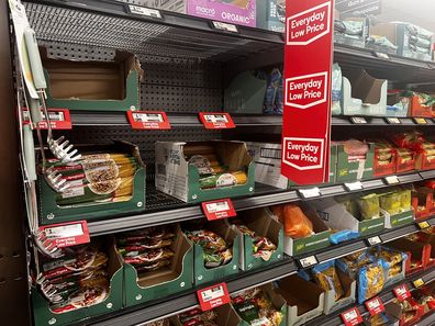 budget purchases for pasta and sardines in supermarkets that are sold out in the cost of living crisis