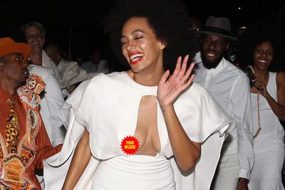 Earlier in the night, Solange, new hubby Alan and family and friends partied in the French Quarter of New Orleans.<br><br>Wearing a Stephane Rolland jumpsuit, the singer enjoyed herself so much she had a wardrobe malfunction!<br><br>Image: Snapper