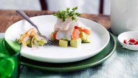 Mackerel ceviche with avocado, ruby grapefruit and spanner crab