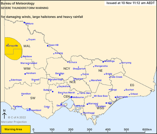 A severe storm warning is current along the Victoria-South Australia border.
