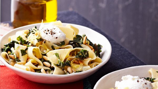 Pappardelle with silver beet, goat's cheese, chilli and lemon