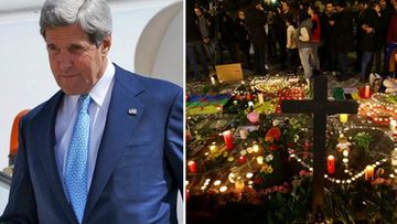 John Kerry (left), and tributes left in Brussels after the attacks (right). (Twitter and AAP)