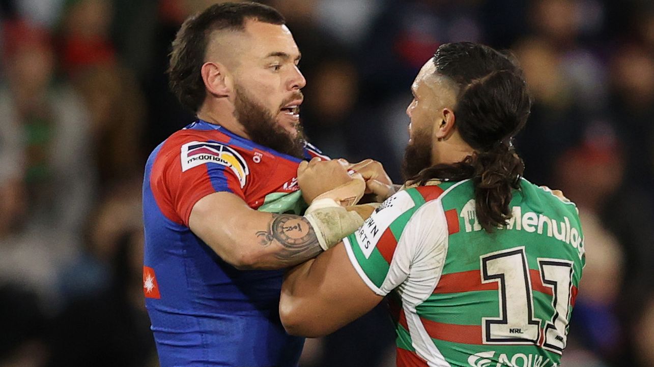 David Klemmer of the Knights during an altercation with the Rabbitohs during the round 17 NRL match between the Newcastle Knights and the South Sydney Rabbitohs at McDonald Jones Stadium, on July 08, 2022, in Newcastle, Australia. (Photo by Ashley Feder/Getty Images)