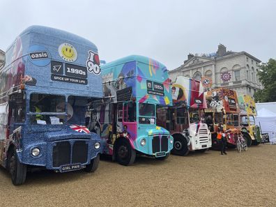 The row of buses, which were filled with celebrities and took part in The Time of Our Lives section of the Platinum Jubilee Pageant outside Buckingham Palace in London, Sunday June 5, 2022, on the last of four days of celebrations to mark the Platinum Jubilee 