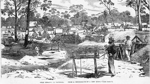An 1862 engraving shows an encampment on the Victorian goldfields. 