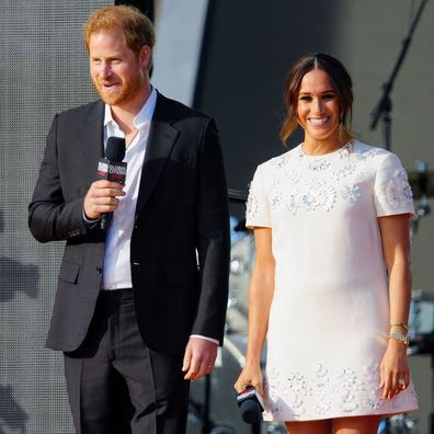 NEW YORK, NEW YORK - SEPTEMBER 25: Prince Harry and Meghan Markle speak on stage at Global Citizen Live: New York on September 25, 2021 in New York City. (Photo by Gotham/WireImage)