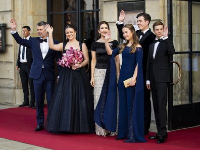 King Frederik X, Princess Isabella, Queen Mary, Princess Josephine, Crown Prince Christian and Prince Vincent, arrive as Princess Isabella's 18th birthday is celebrated with a birthday performance at the Royal Theatre's Old Stage in Copenhagen on Tuesday, April 15, 2025. 