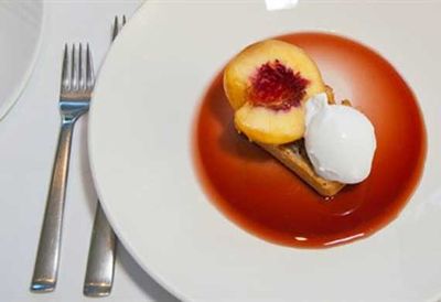 Coconut bread with white peaches, young coconut sorbet and chilled cherry soup