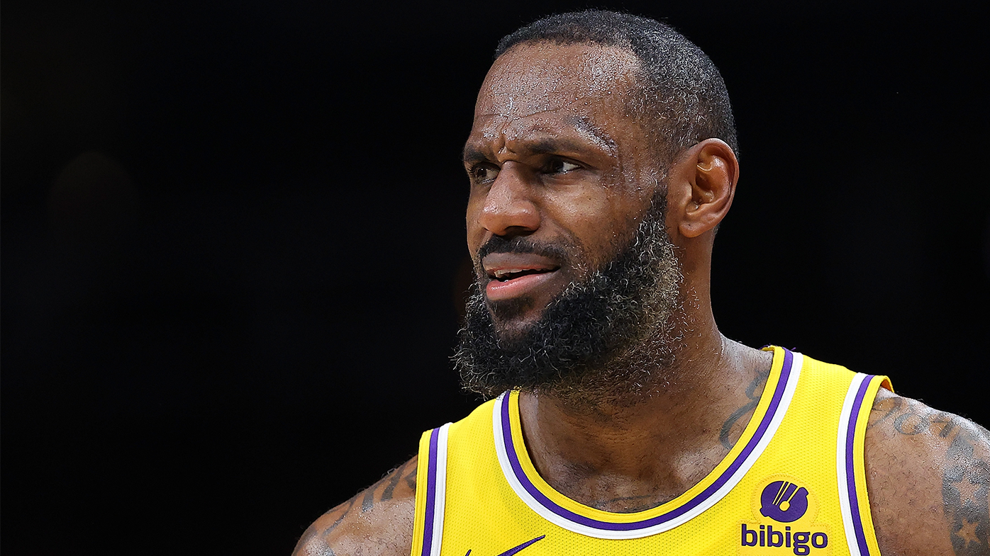 LeBron James of the Los Angeles Lakers pulls a face during his match against the Atlanta Hawks.
