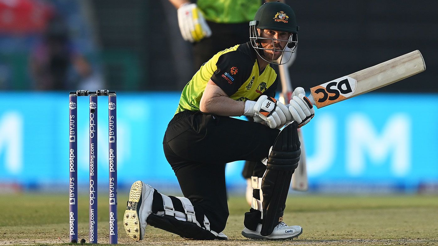 David Warner of Australia plays a shot during the ICC Men&#x27;s T20 World Cup match between Australia and Windies 