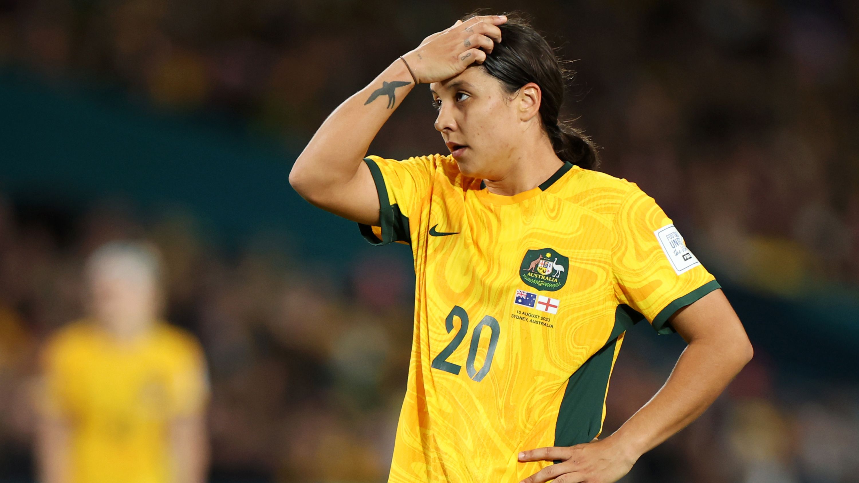 Sam Kerr of Australia reacts after England&#x27;s opening goal.