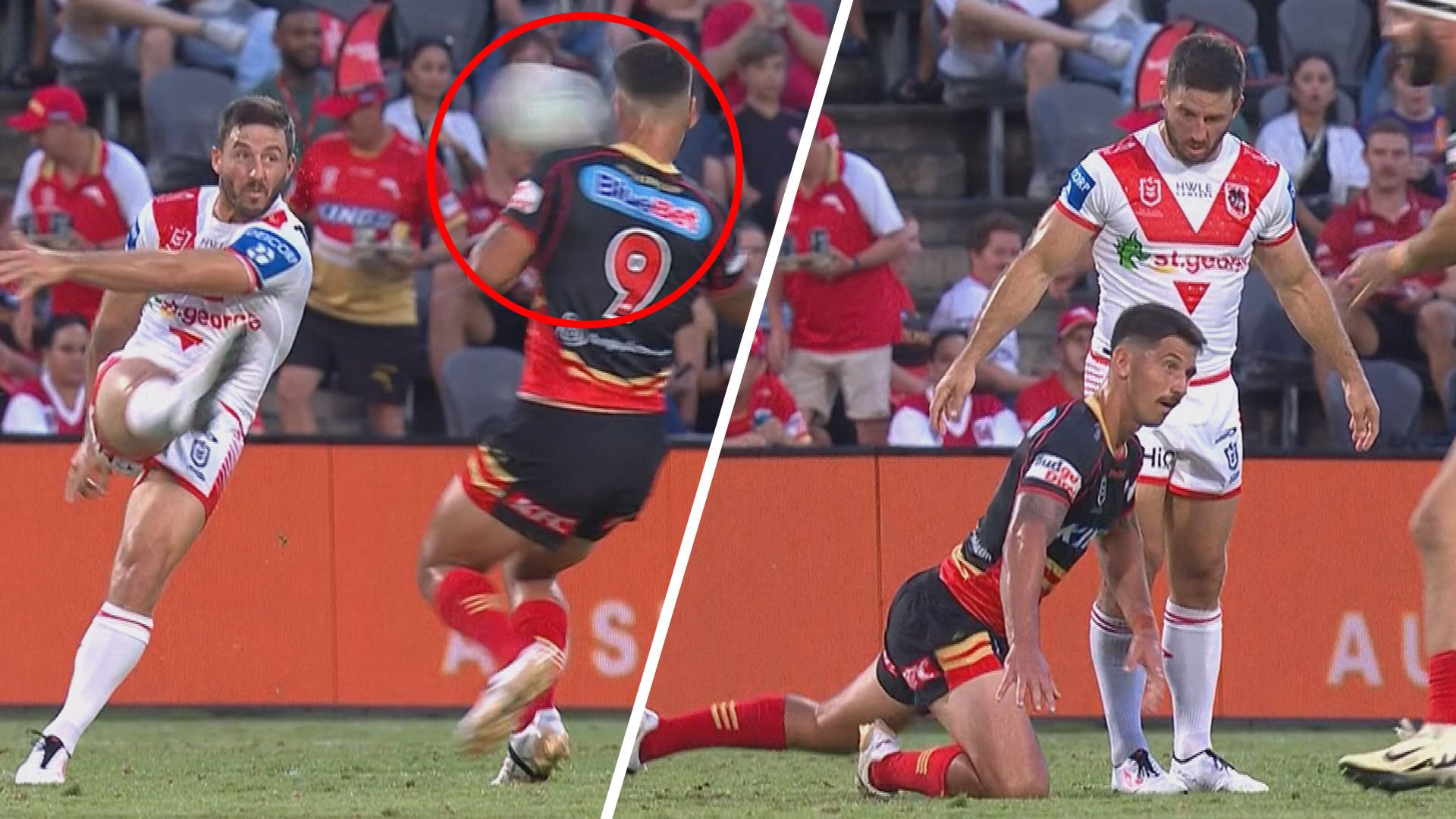 Jeremy Marshall-King cops all-time classic falcon off the boot of Ben Hunt in Dolphins record win over Dragons