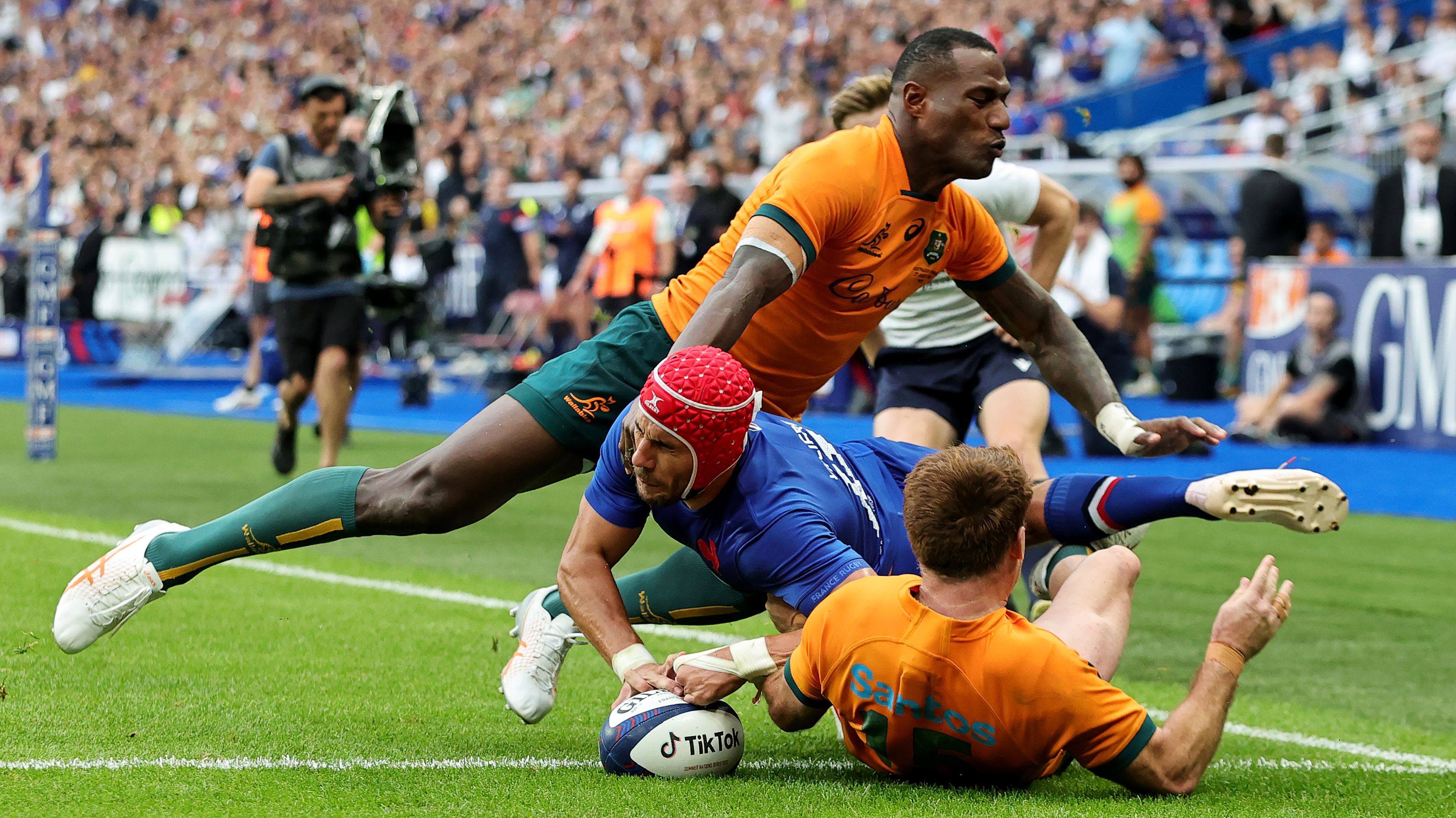 Gabin Villiere of France scores a second half try in Paris.