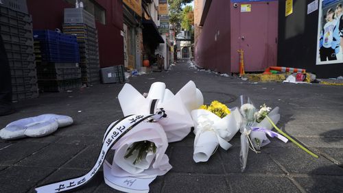 Flowers at the scene of a deadly accident in Seoul, South Korea, following Saturday night's Halloween festivities. 