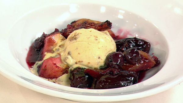 Roasted winter fruit salad with cinnamon ice-cream