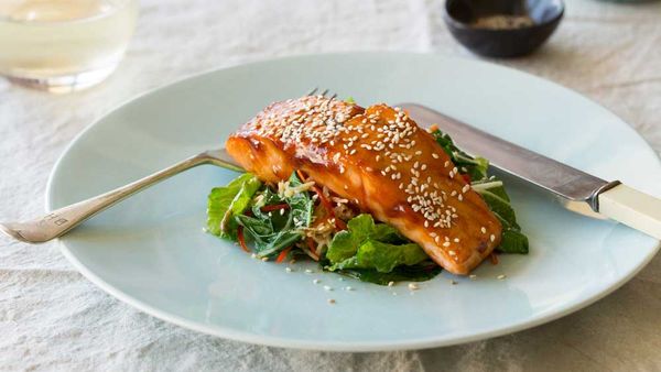 Honey and soy salmon with ginger, sesame and Asian greens recipe by Huon
